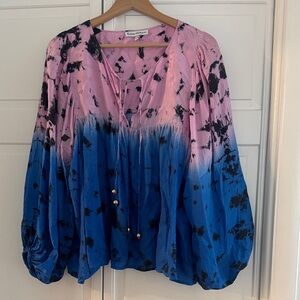 Karina Grimaldi Pink and Blue 100% Silk Tie-Dye Blouse